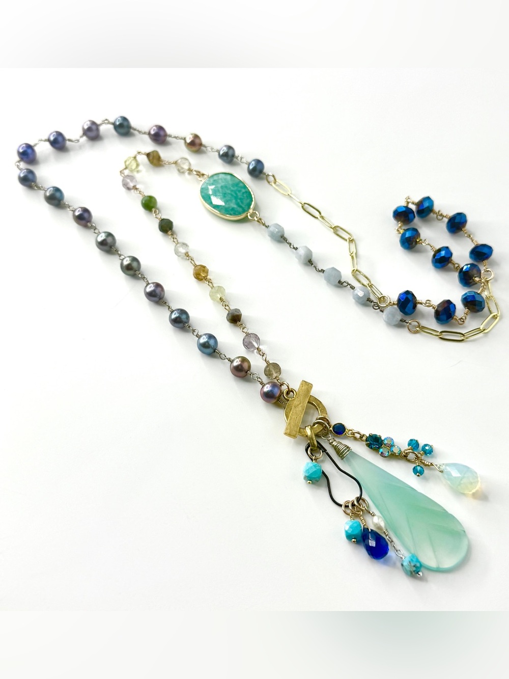Eclectic Mixed Gemstone Charm Necklace, Chalcedony Turquoise Freshwater Pearls